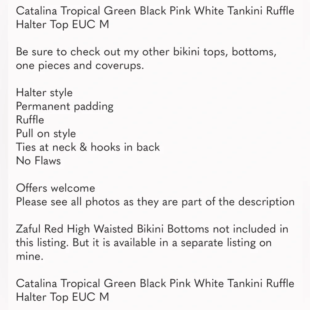 Catalina Tropical Green Black Pink White Tankini Ruffle Halter Top EUC M